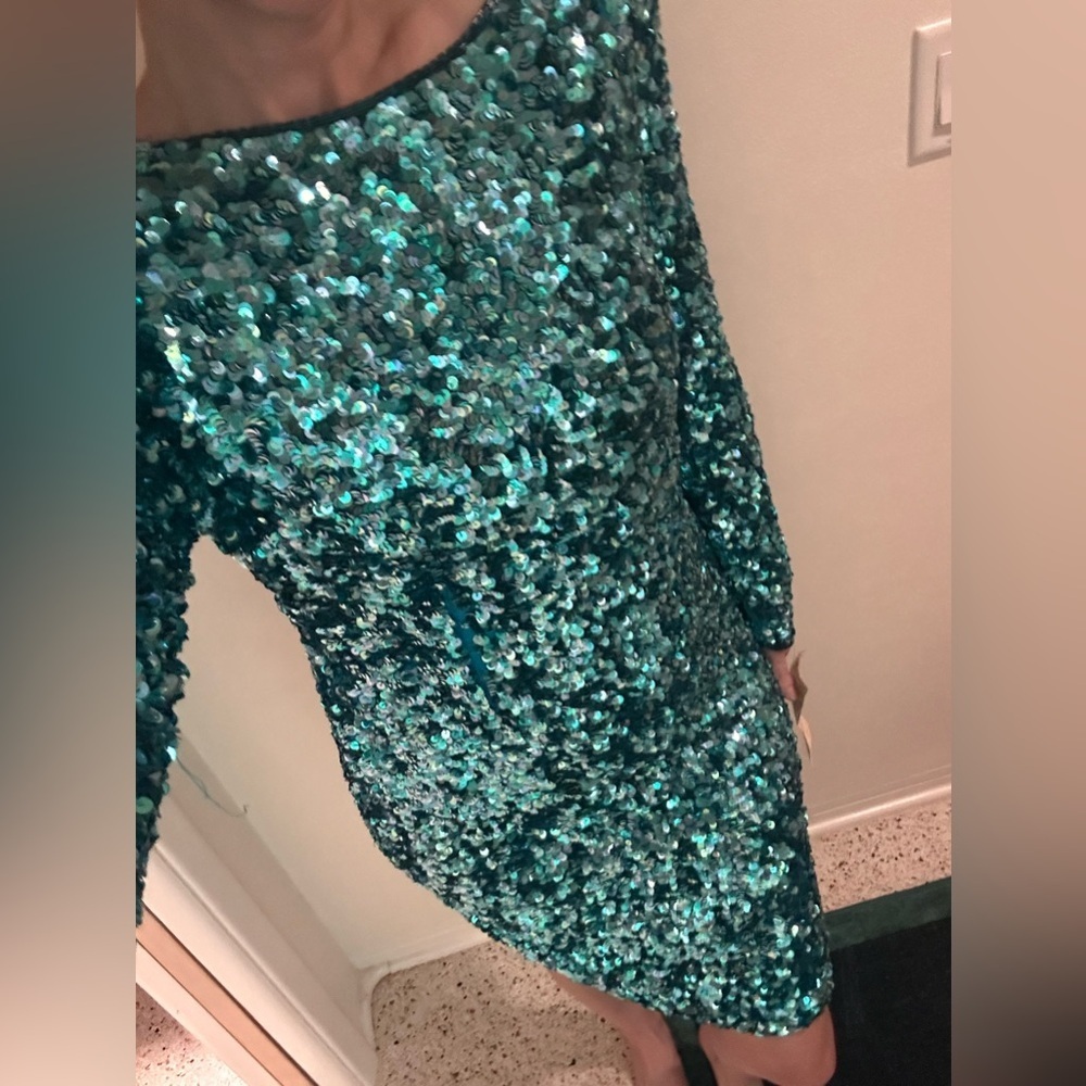 NWT Stenay 100% silk sequin back draping long sleeve mini dress aqua 8